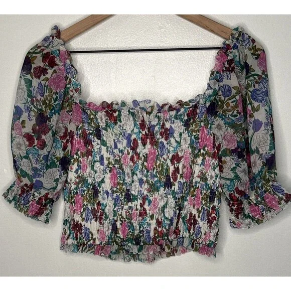 ASTR The Label Floral Smocked balloon Sleeve Top Small Pink Green Garden Party - Picture 3 of 4